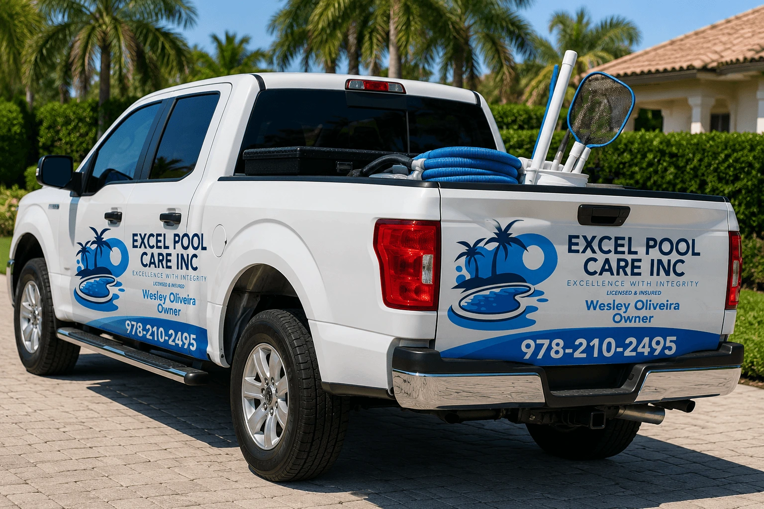 Excel Pool Care Inc service truck with owner Wesley Oliveira's branding, parked in a Jupiter, FL neighborhood
